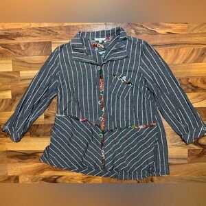 John Mark Button Down Shirt L Gray Striped Floral Trim Artsy Boho Top